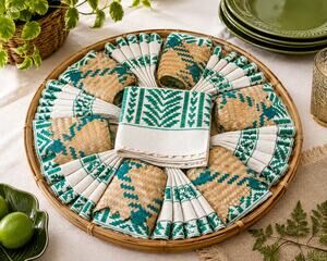 Vintage Handwoven Hostess Napkin Basket Set Bamboo Tray Green White 12pc